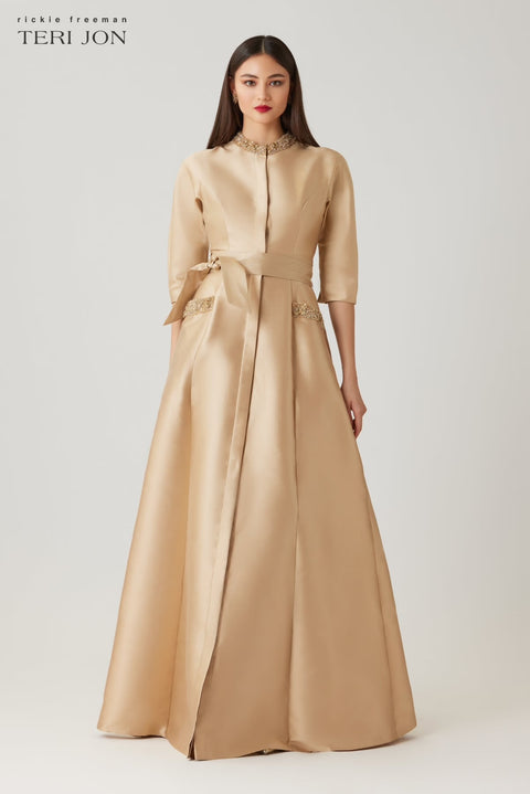 Teri Jon - Mikado Bead Collar Gown