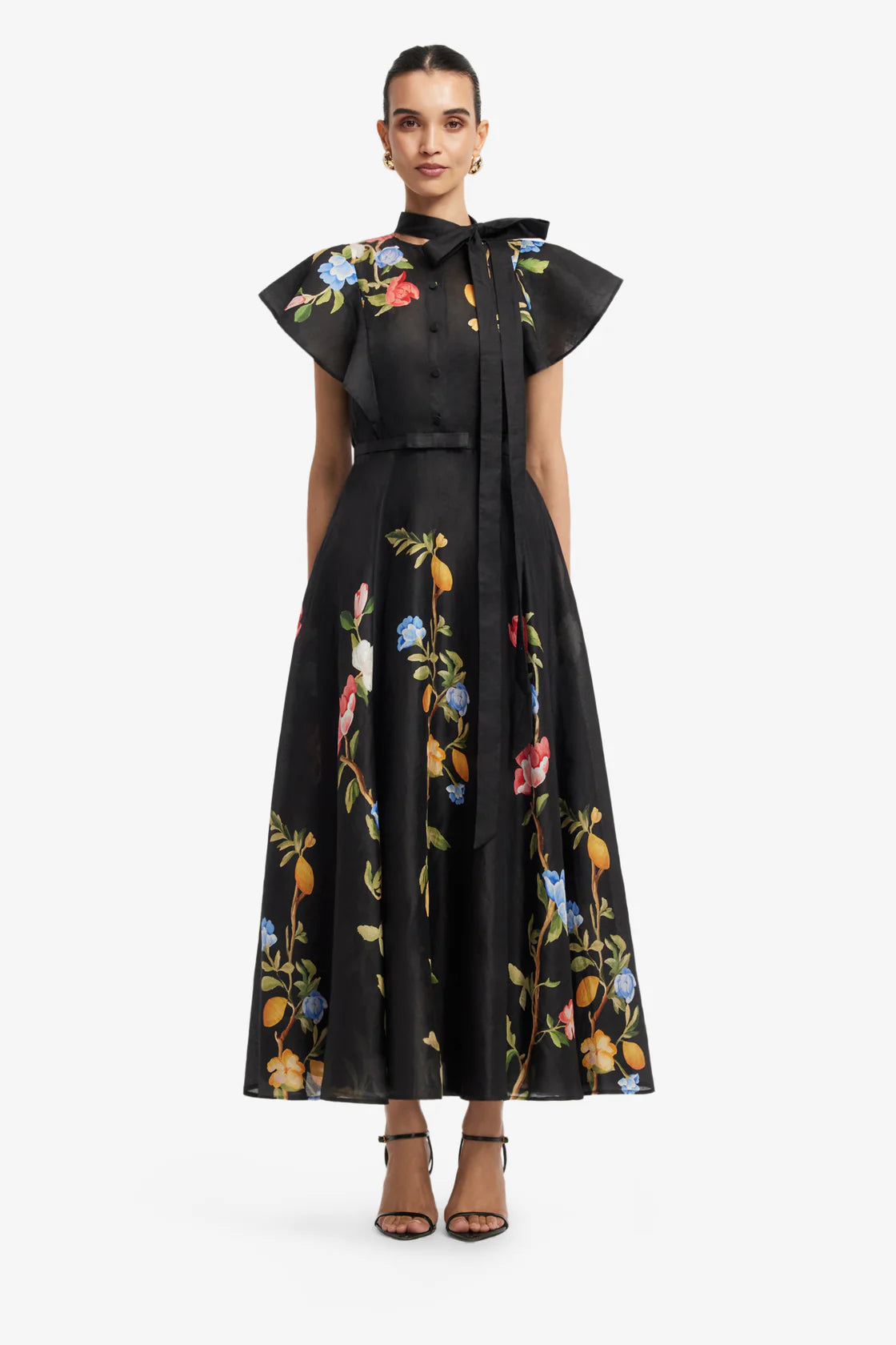 Leo Lin - Elsie Flutter Sleeve Midi Dress Ebony