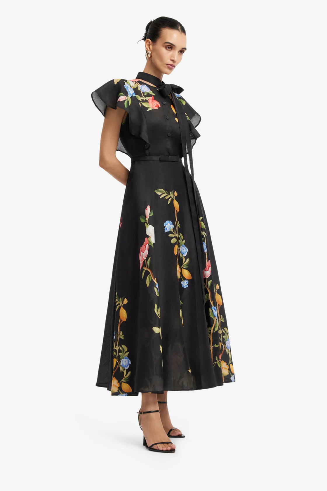 Leo Lin - Elsie Flutter Sleeve Midi Dress Ebony