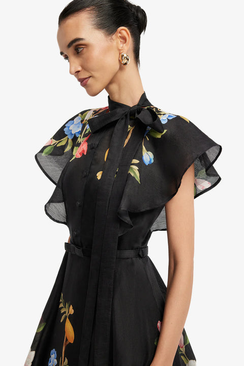 Leo Lin - Elsie Flutter Sleeve Midi Dress Ebony