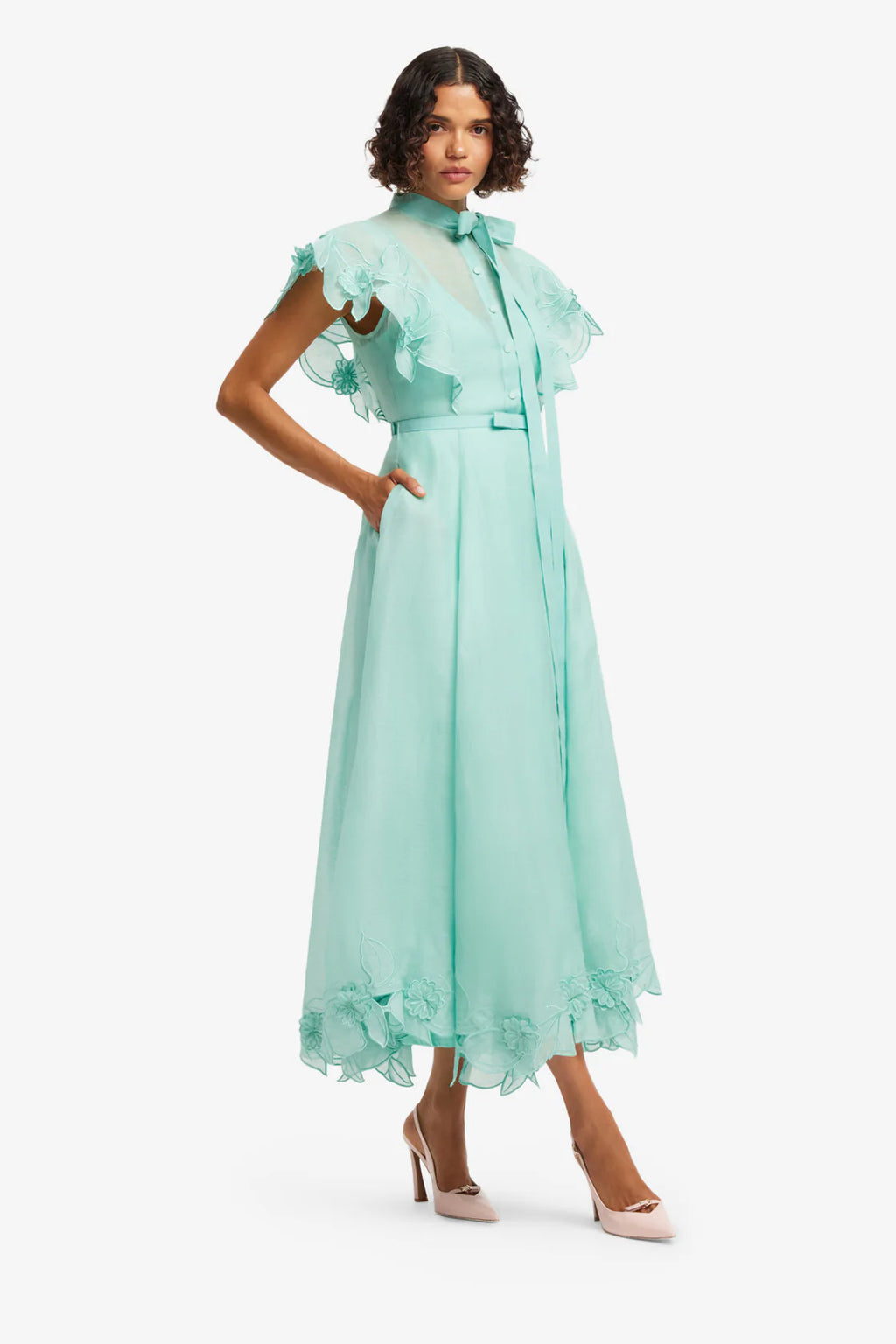 Leo Lin - Elsie Flutter Sleeve Midi Dress Turquoise