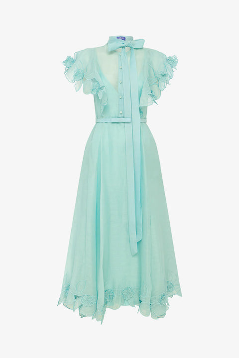 Leo Lin - Elsie Flutter Sleeve Midi Dress Turquoise