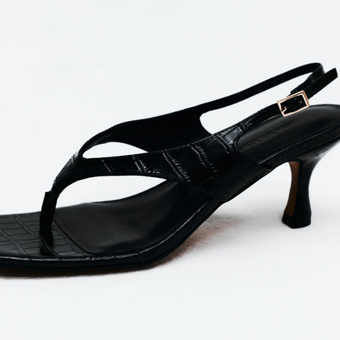 Lana Wilkinson -  Christina Sandal Black Croc-Embossed Leather