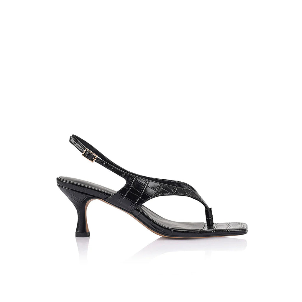 Lana Wilkinson -  Christina Sandal Black Croc-Embossed Leather