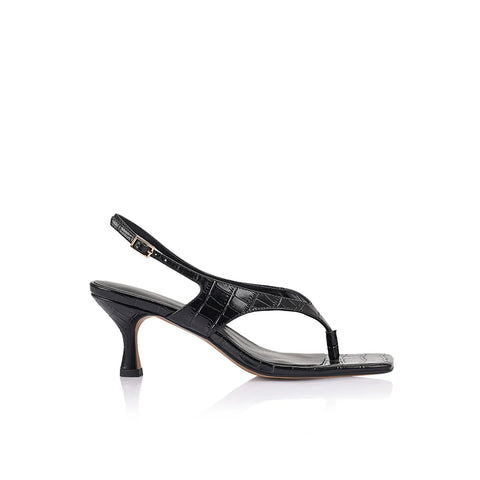 Lana Wilkinson -  Christina Sandal Black Croc-Embossed Leather