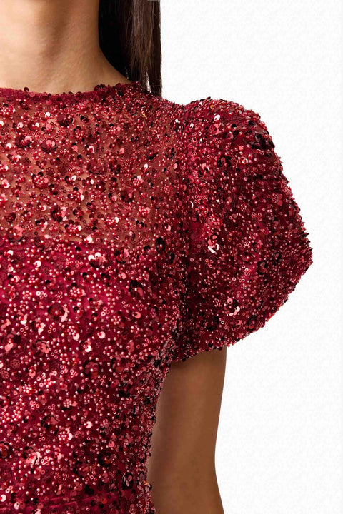 Carmen Puff Sleeve Midi Dress in Red